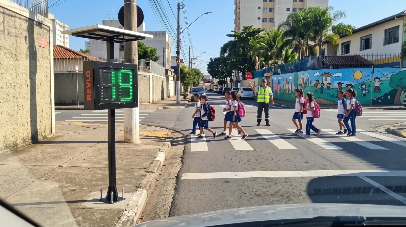 Lombada eletrônica Revlo mostrando a velocidade na rua de uma escola, com crianças atravessando