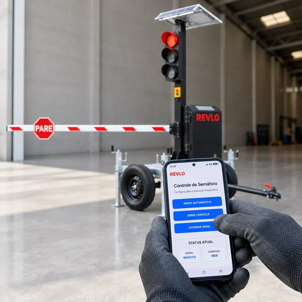 Mão com luva segurando celular com o aplicativo de controle do semáforo móvel Revlo